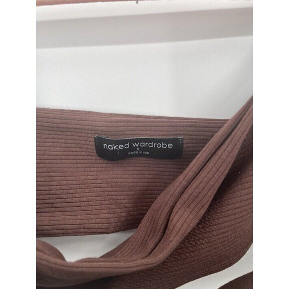 Naked Wardrobe Top Women Small Brown Ribbed Faux Bandage Wrap Cropped - Picture 2 of 7